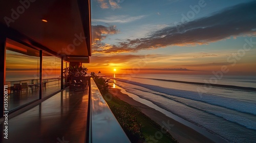 Beachfront condo with clean lines and expansive glass panels, a spacious balcony overlooking the sunset-lit ocean, waves rolling gently ashore, serene real estate allure 
