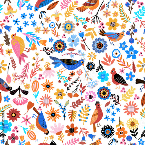 Seamless pattern with decorative flowers and birds. Bright pattern in flat style.