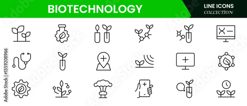  Biotechnology line icons. Includes icons for scientific, innovation, scientist, experiment, microscope, interaction, science. Minimalis  vector icon and illustration.
