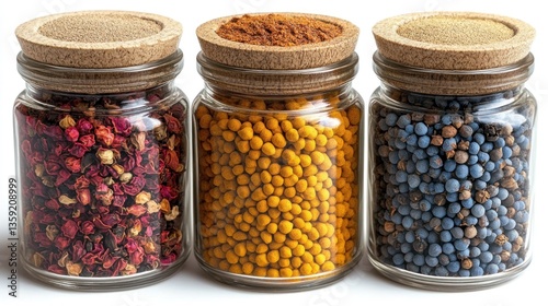 Fototapeta Naklejka Na Ścianę i Meble -  Three glass spice jars with assorted spices