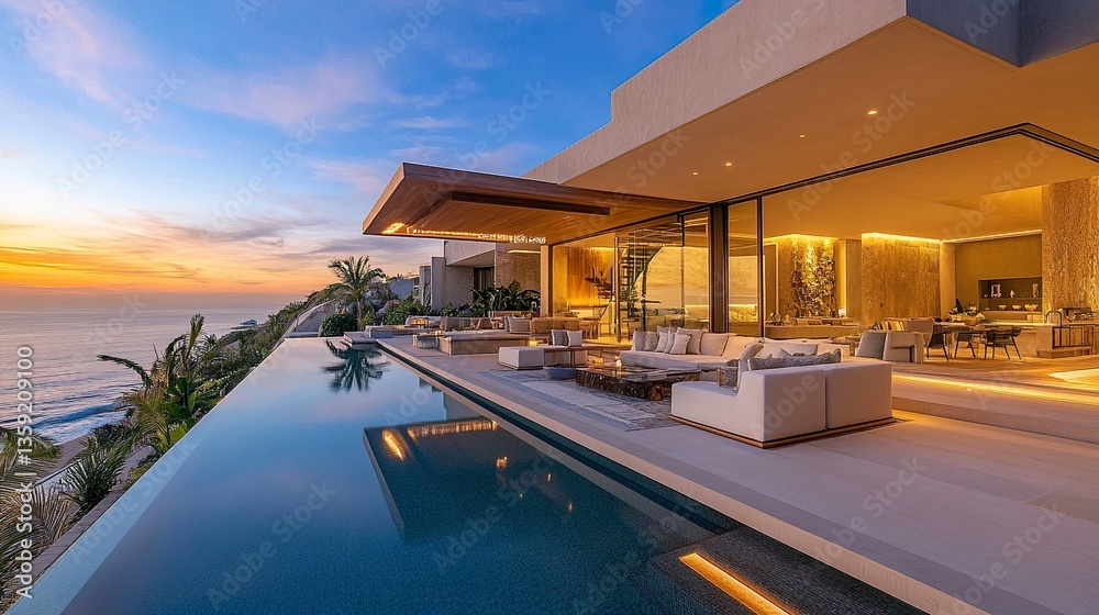 Fototapeta premium Beachfront mansion featuring a lavish terrace, modern sofas, infinity-edge pool reflecting azure sea, golden hour glow 