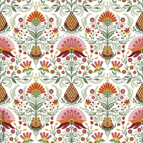 Seamless pattern with flowers in calm shades. Symmetrical floral pattern. Vintage ornament.
