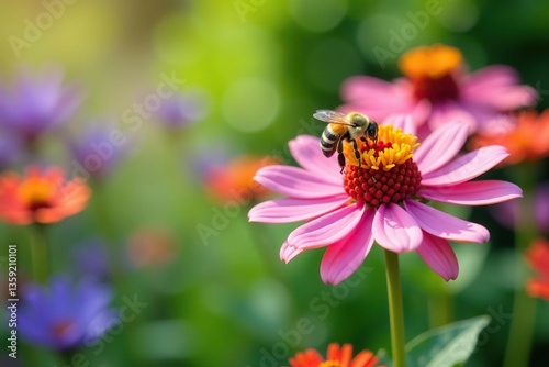 Bees pollinating colorful aqualegia flowers in a summer garden,  delicate,  pollination
