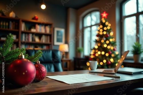A cozy office space decorated with festive Christmas ornaments and a twinkling tree in the background,  laptop,  office supplies