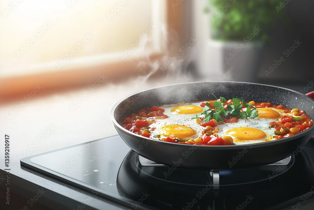 hot shakshuka with tomatoes in a frying pan on the stove against a window background hot shakshuka with tomatoes in a frying pan on the stove against a window background