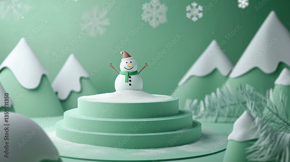 Smiling snowman on a mint green tiered platform amidst a snowy winter landscape.