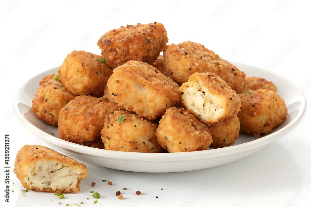 A plate of goldenbrown crispy fried cheese balls or nuggets, seasoned with herbs and spices, served as a delicious appetizer or snack A plate of goldenbrown crispy fried cheese balls or nuggets, seasoned with herbs and spices, served as a delicious appetizer or snack