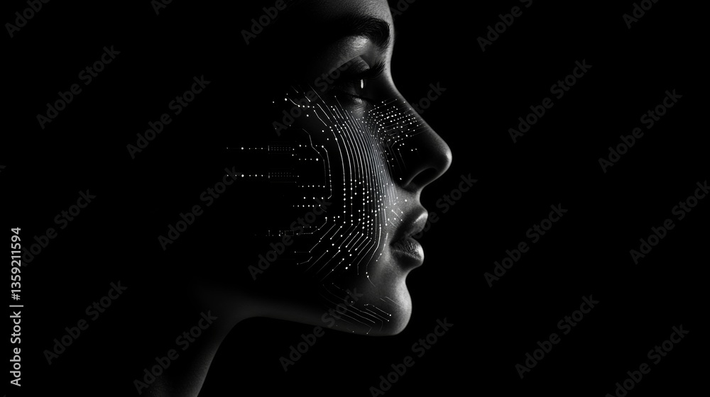 silhouette of female face seen from the side with circuit inserts in the skin, artificial intelligence silhouette of female face seen from the side with circuit inserts in the skin, artificial intelligence