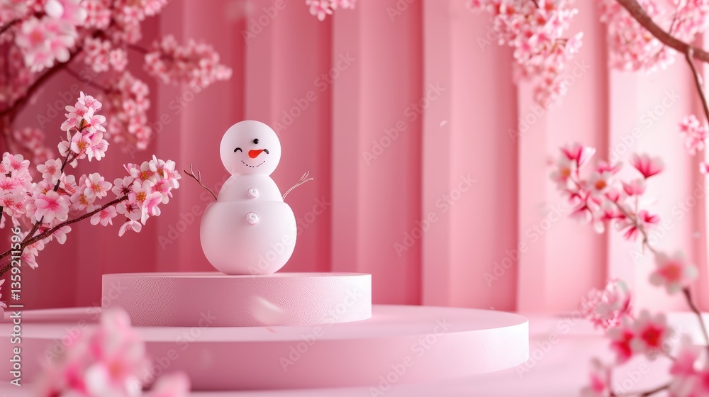 Cheerful snowman stands on a pink platform surrounded by vibrant pink cherry blossoms