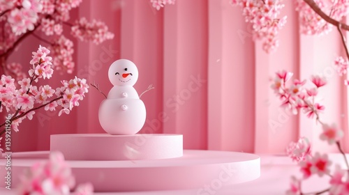 Obraz na płótnie Cheerful snowman stands on a pink platform surrounded by vibrant pink cherry blossoms w salonie