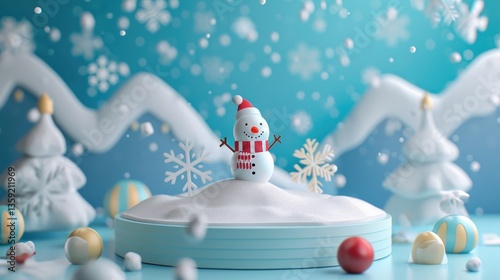 Cheerful snowman stands on a snowdrift in a whimsical winter scene surrounded by pastel-colored balls and snow-covered trees.