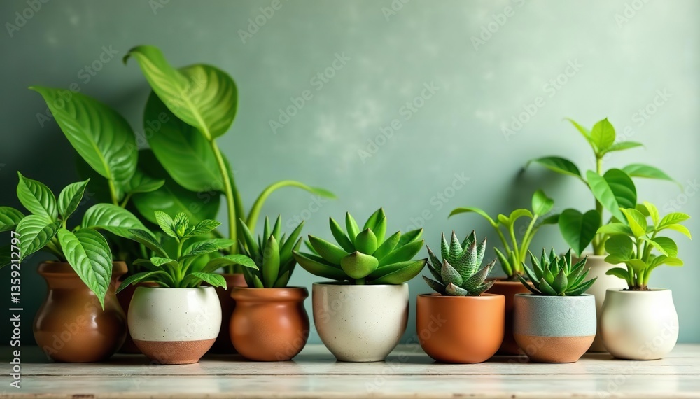 Beautiful collection of plants in ceramic pots arranged in a pleasing display, home, design Beautiful collection of plants in ceramic pots arranged in a pleasing display, home, design