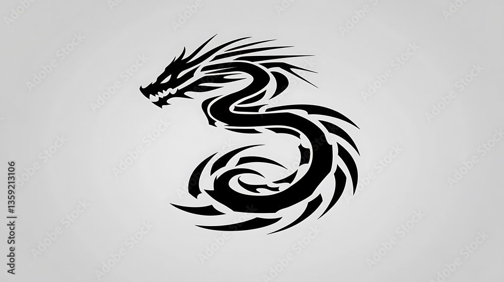 Tribal dragon design, black ink, coiled. Tribal dragon design, black ink, coiled.