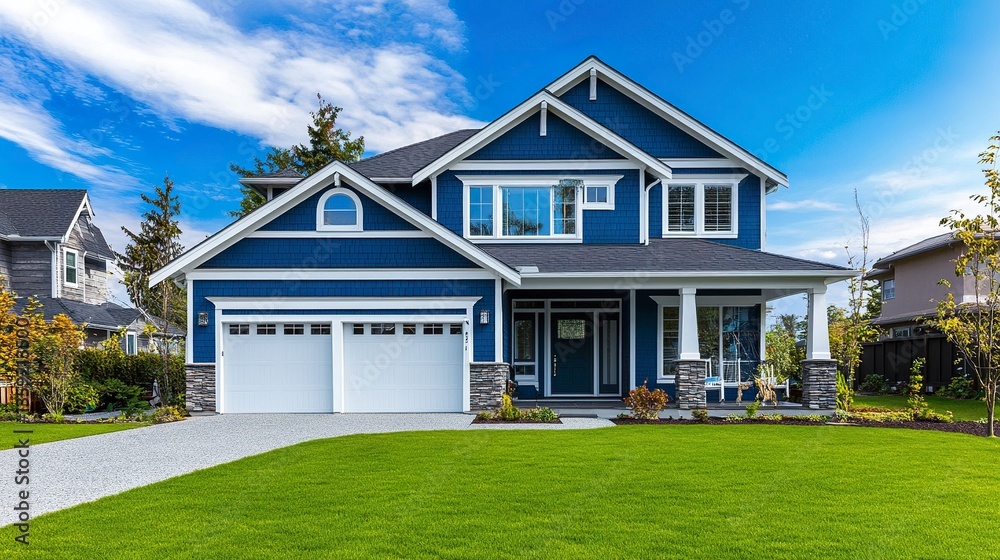 Charming blue house with white trim, attached garage, surrounded by lush green grass and tall palm trees, Florida beach setting under a vibrant blue sky