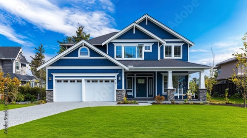 Obraz na płótnie Charming blue house with white trim, attached garage, surrounded by lush green grass and tall palm trees, Florida beach setting under a vibrant blue sky w salonie