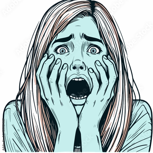 A Moment of Terror: Capturing the raw emotion of fear, this image showcases a woman's expression of pure terror, with wide eyes, and open mouth, hands on her face.