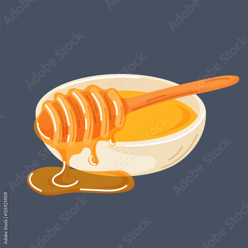 Honey in bowl with spoon dipper in cartoon. Hand drawn design of spreading honey. Illustration isolated on dark background.