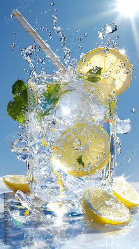 Refreshing Lemonade Drink with Ice and Mint in Glass, Summer Photography
