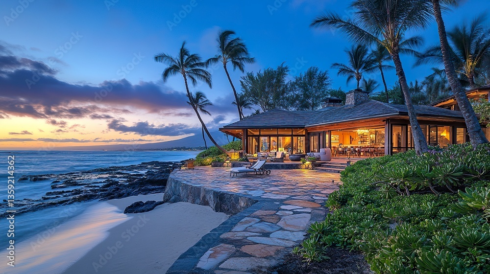 Obraz premium Chic beach house surrounded by coconut trees, smooth stone patio leading to the shore, soft twilight glow, wide-angle capturing beach-to-house view.