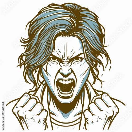 Expressive Outburst: An emotive portrayal of a person experiencing intense emotion, illustrated with striking linework and a powerful expression.