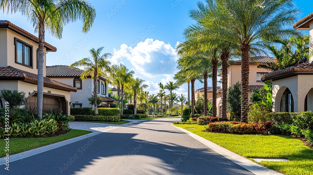 Chic tropical street, modern homes with lush gardens, towering palm trees swaying gently, vibrant clear daylight Chic tropical street, modern homes with lush gardens, towering palm trees swaying gently, vibrant clear daylight