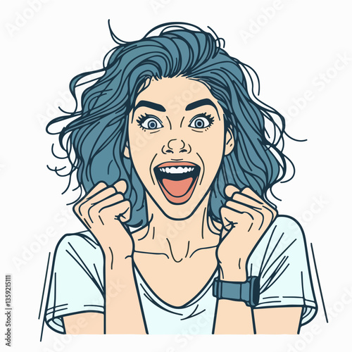 The Elated: a Pop Art Portrait: capturing the energy of ecstatic expression. A portrait of a woman embodies pure joy with striking detail.
