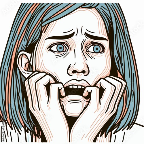 Fearful Expression: A close-up illustration of a woman’s face etched with panic, capturing a moment of raw fear and emotional intensity.