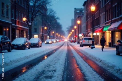 Blurred winter cityscape with neon lights reflecting on snowy road, falling snowflakes and bokeh,  snowflakes,  blurred