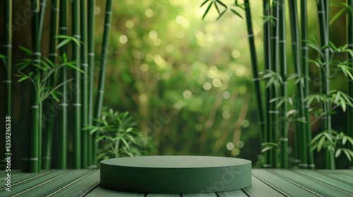 Circular green platform sits on a wooden surface, framed by a blurred bamboo forest background,