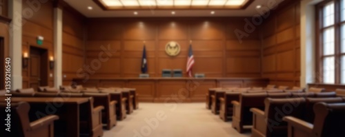 Blurry background of an unoccupied courtroom with elegant decor and seating,  interior,  architecture