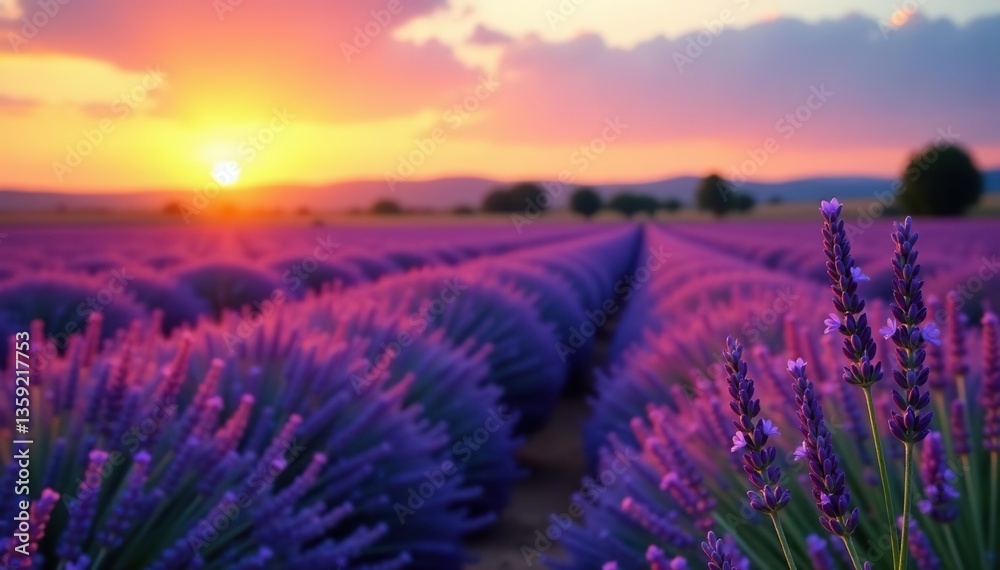 Naklejka premium Beautiful lavender fields at sunset in Provence, France with blooming flowers and warm light, blossoming, traditional