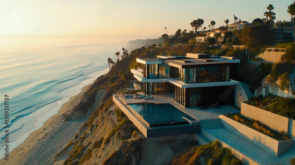 Fototapeta premium Coastal luxury residence, dramatic ocean views from every angle, exclusive boardwalk to the beach, sleek minimalist design, drone shot, bright natural tones.