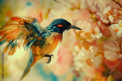 Beija Flor. Exquisite Bird with Colorful Feathers Perched on a Beautiful Flower