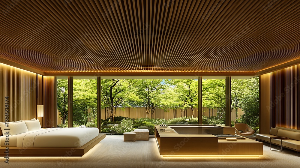 Fototapeta premium Luxurious bedroom with onsen and garden view.