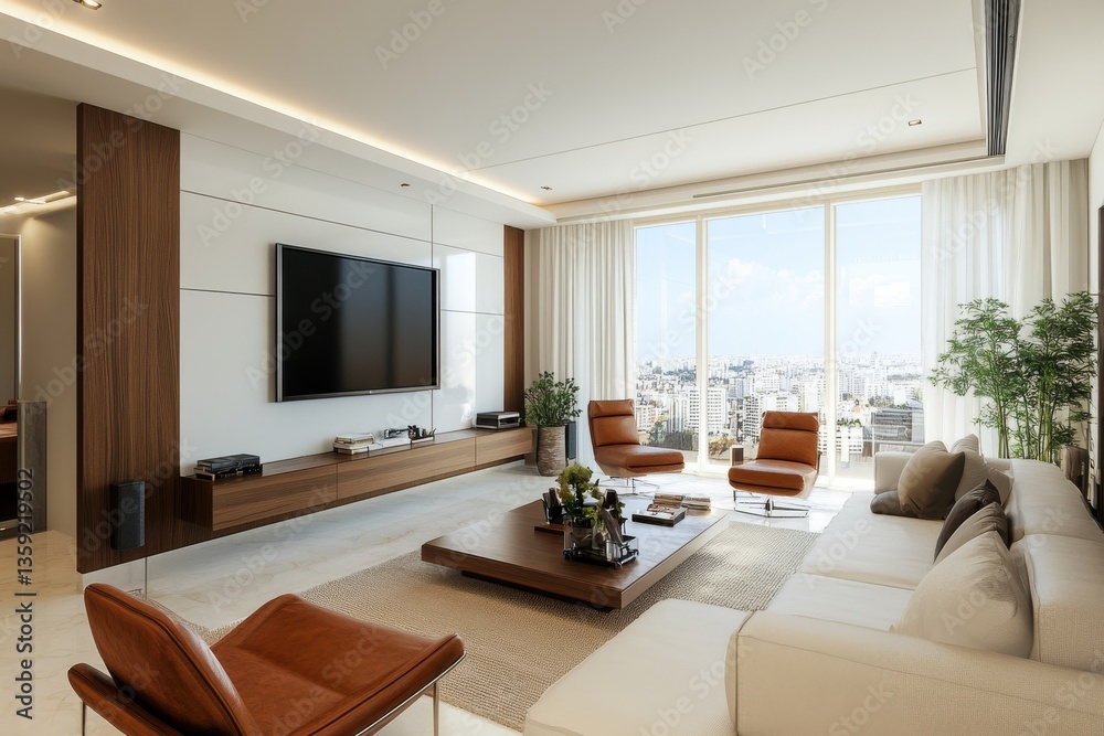 Fototapeta premium Modern Luxury Living Room with Floor-to-Ceiling Windows Overlooking a City Skyline, Featuring Minimalist Wooden and Leather Furniture with Neutral Tones