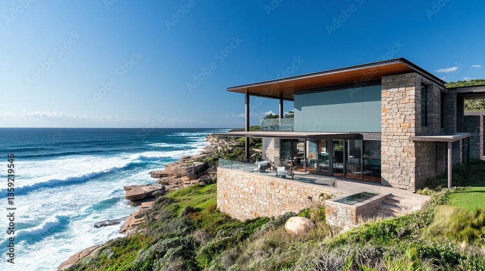 Fototapeta premium Coastal retreat with a modern home featuring azure green panels, rugged stone facade blending into the landscape, ocean waves crashing below 