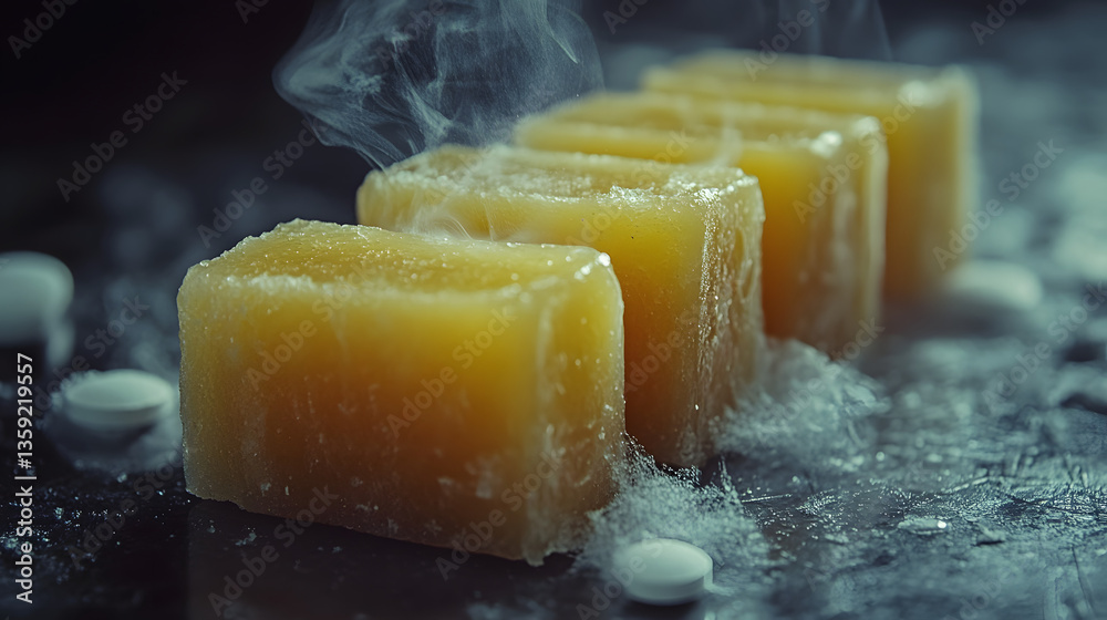 A Cold Refreshment: Close-up of yellow ice cubes with a mysterious mist, offering a sensory experience that promises refreshment, hinting at the potential of a new recipe.