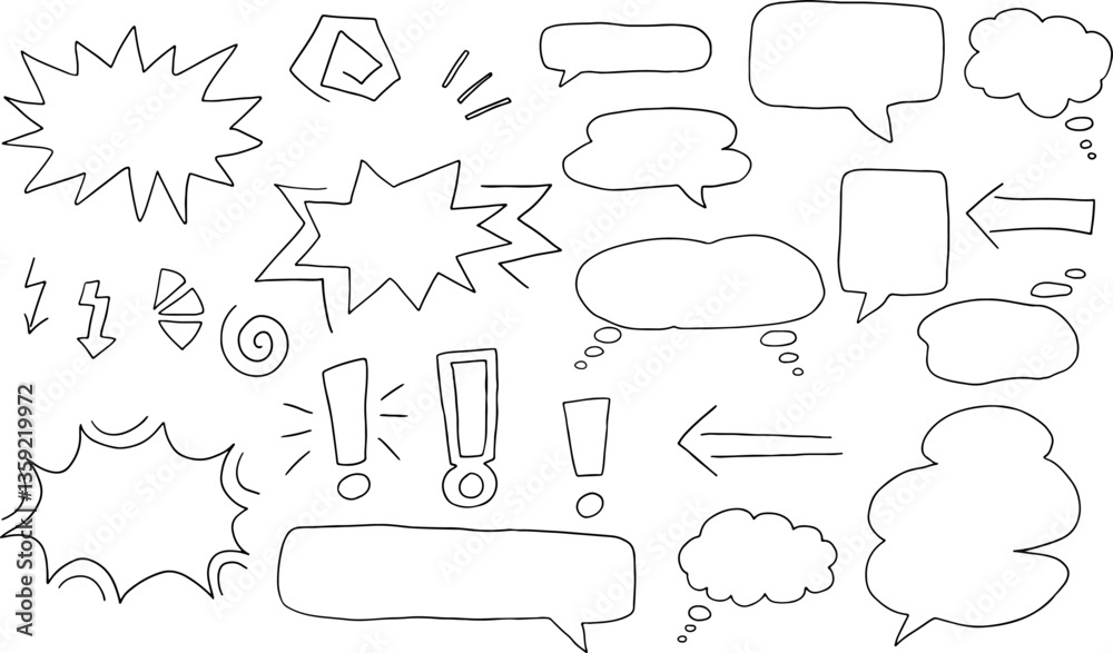 Obraz premium figures silhouettes speech bubbles, lightning, stars, explosions, arrows, scribbles, spirals, exclamation marks drawn with black curved lines hand drawn. Isolated elements