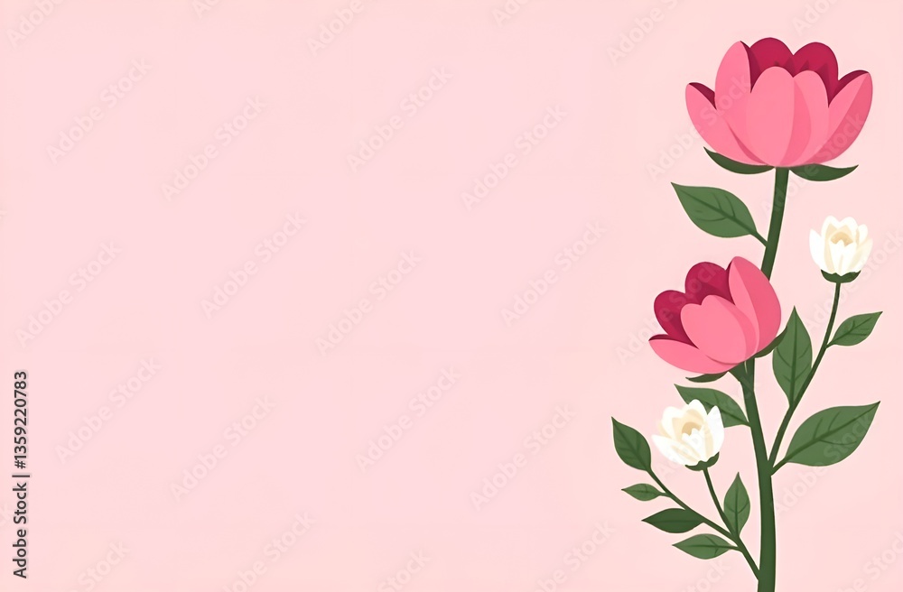 Naklejka premium Pink and white flowers on pastel pink background. Top view with copy space. Flat lay. Spring card
