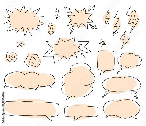 Silhouettes of speech bubbles, lightning, stars, explosions, arrows, doodles with light beige rounded fill hand drawn figures, drawn with black curved lines. Isolated elements