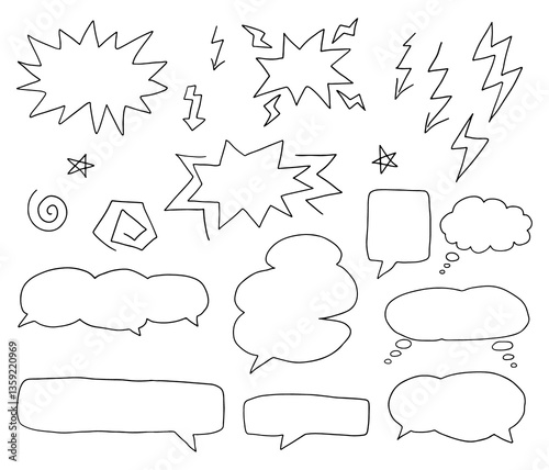 speech bubble silhouettes, lightning, stars, explosions, arrows, doodles, hand drawn figures drawn with black curved lines. Isolated elements. Ideal for pop art, graphic design, vector illustrations
