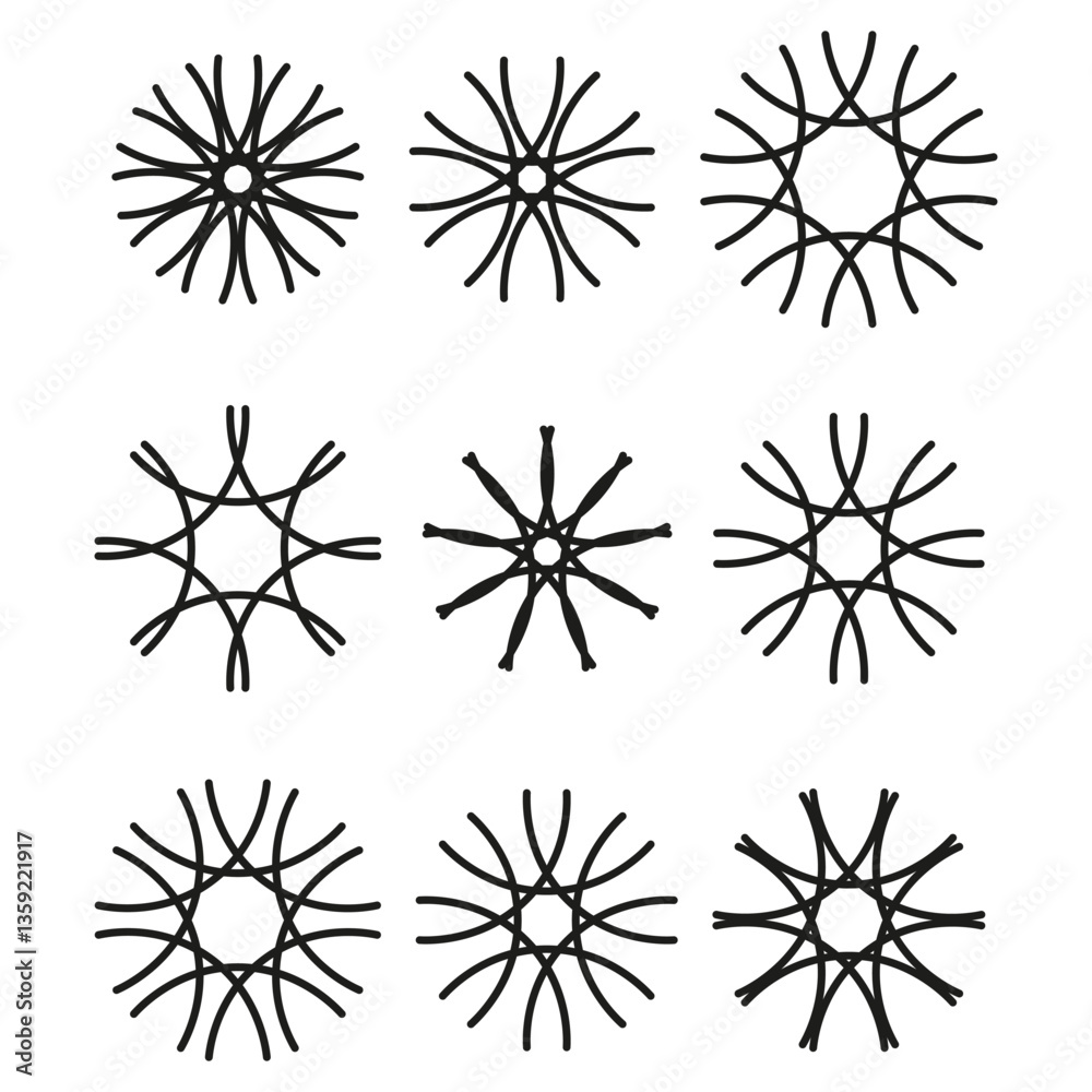 Abstract radial shapes. Symmetrical star designs. Geometric line patterns. Vector creative elements.