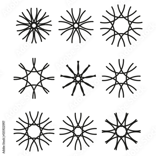 Abstract radial shapes. Symmetrical star designs. Geometric line patterns. Vector creative elements.
