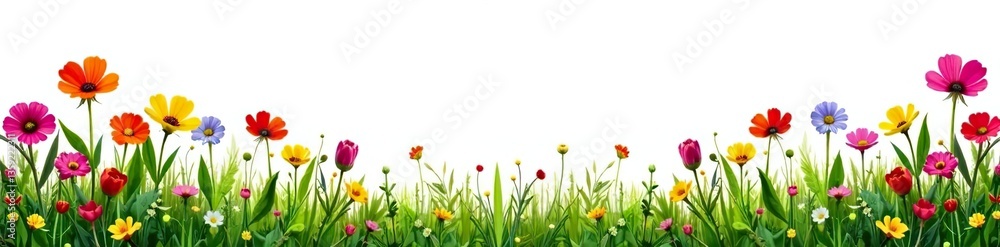 Fototapeta premium Border of vibrant meadow flowers and wild grass isolated on white background, isolated, plants