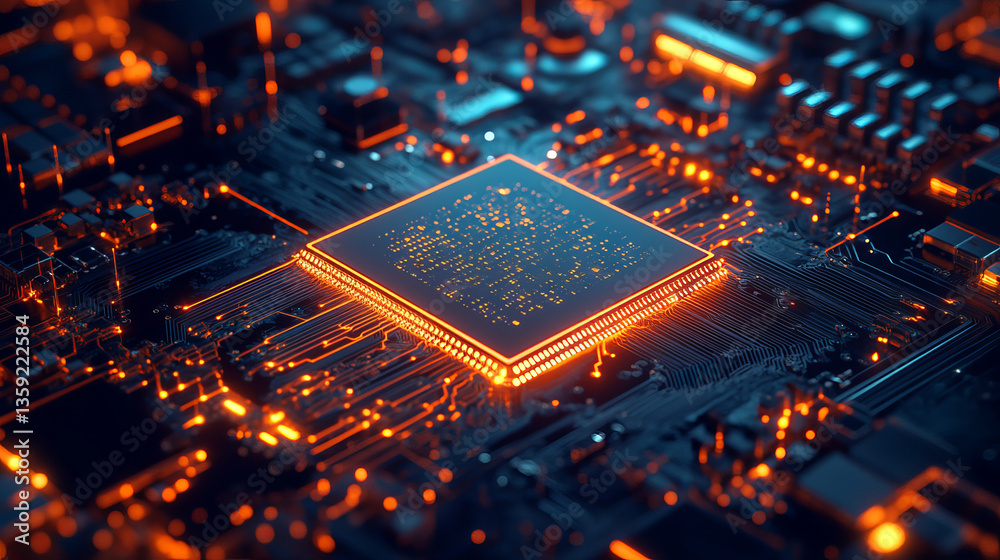 Bright neon light. Quantum processor concept. Blockchain technology in virtual cyberspace. 3D illustration on a tech background Bright neon light. Quantum processor concept. Blockchain technology in virtual cyberspace. 3D illustration on a tech background