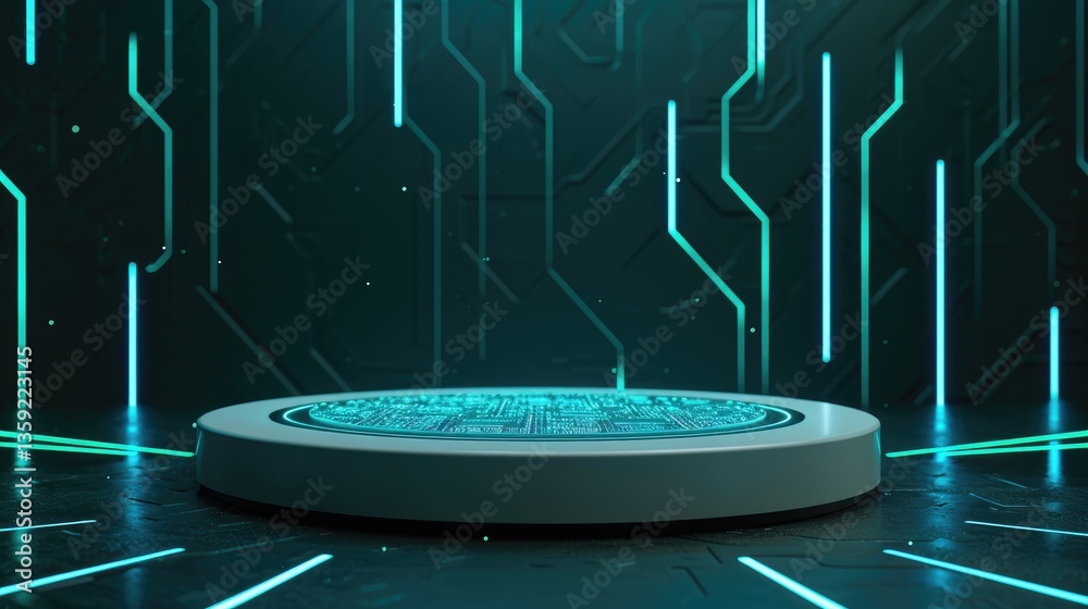illuminated circular platform displays a glowing cyan circuit pattern against a dark technological backdrop.