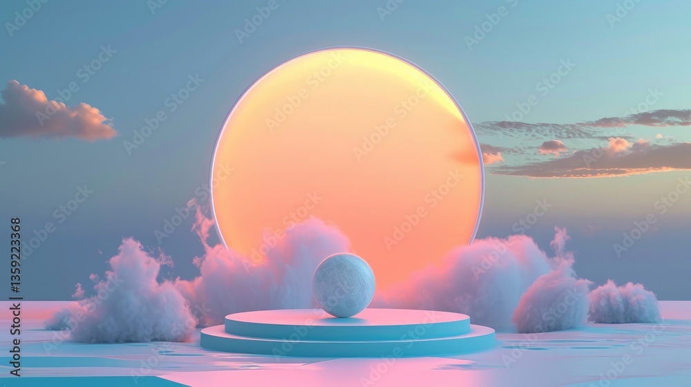 white sphere resting on a two-tiered pastel blue platform amidst soft pink and blue clouds