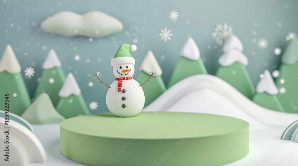 Happy snowman wearing a green hat and red scarf standing on a green platform in a snowy winter landscape.