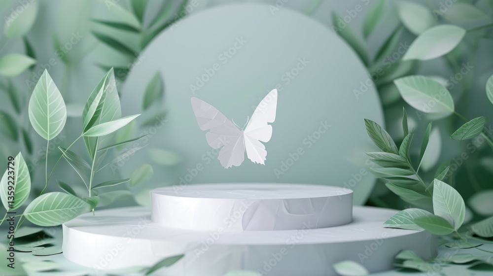 White paper butterfly hovers above a two tiered white platform surrounded by soft green leaves