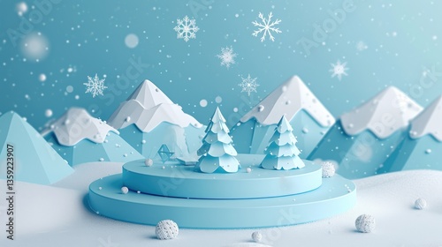 Winter scene with snowy mountains, stylized trees, and falling snowflakes on a light blue background.